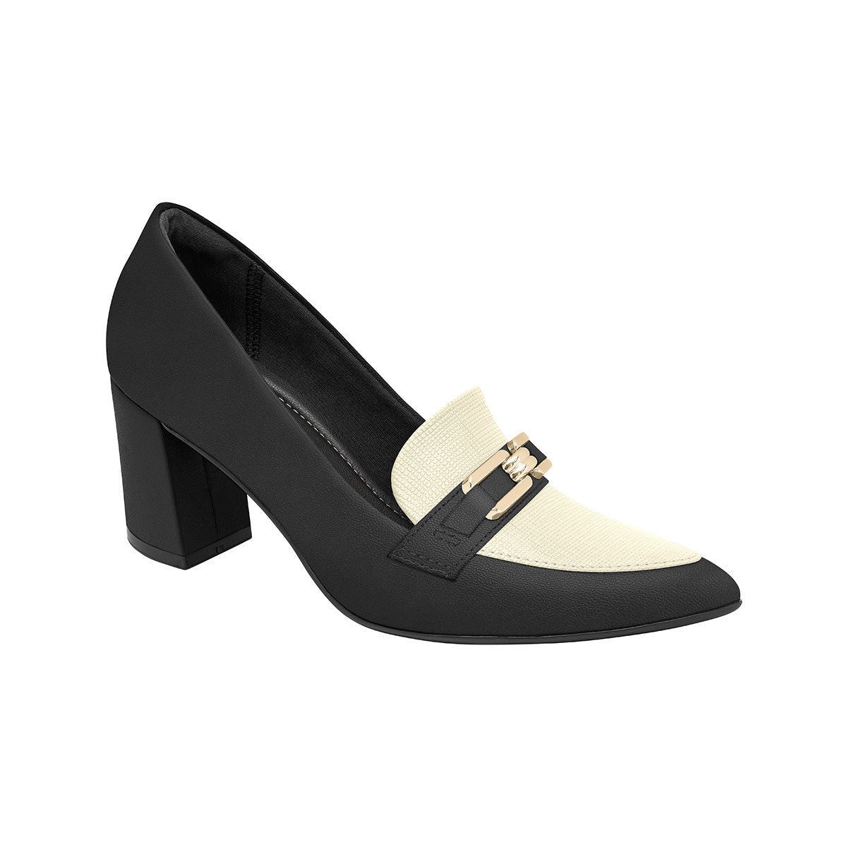 Mocasines para mujer tacón alto 6.5 cm bicolor blanco y negro con eslabón