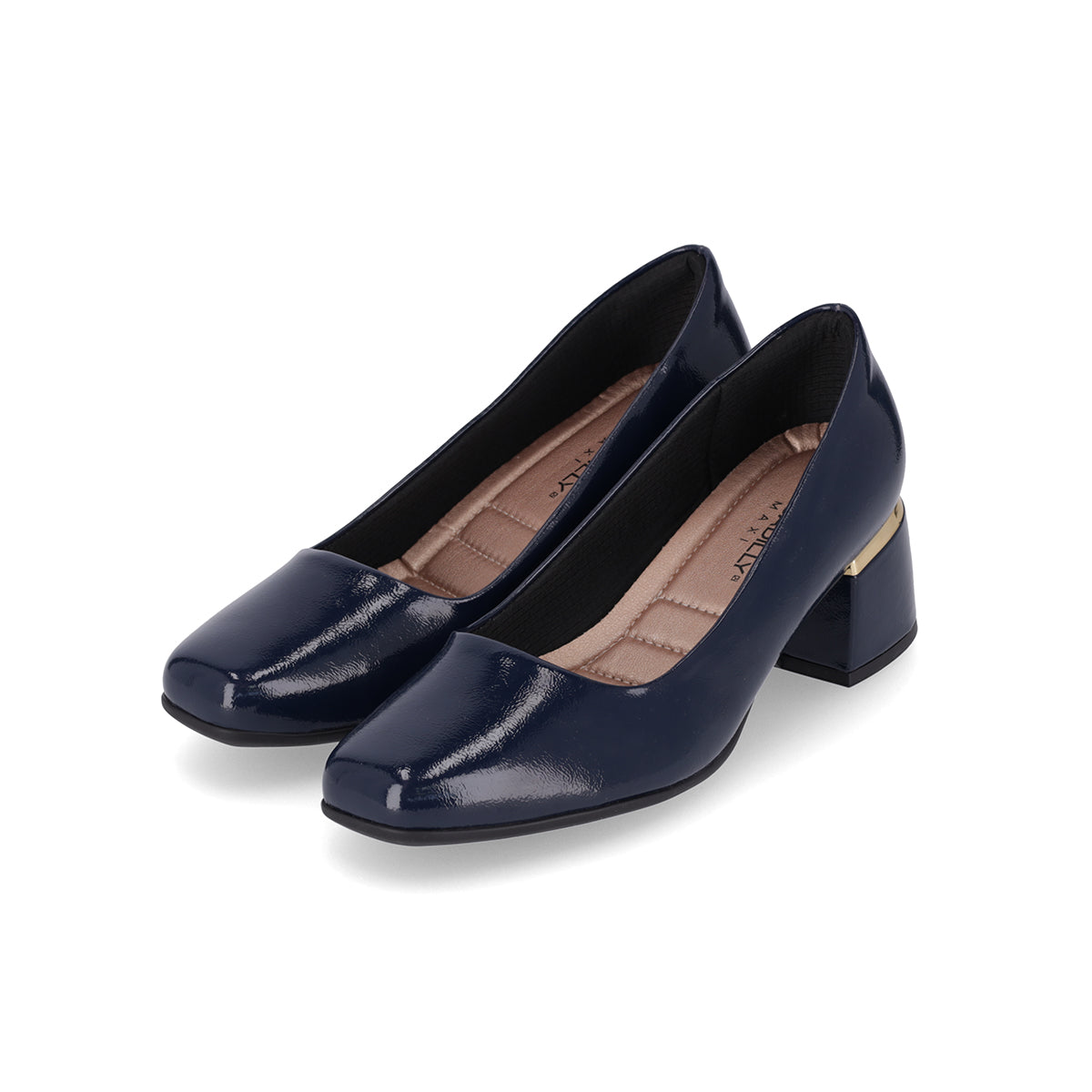 Zapatilla azul marino para dama de tacón medio 5 cm, con puntera cuadrada y detalle metálico, clásicos
