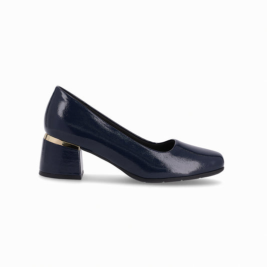 Zapatilla azul marino para dama de tacón medio 5 cm, con puntera cuadrada y detalle metálico
