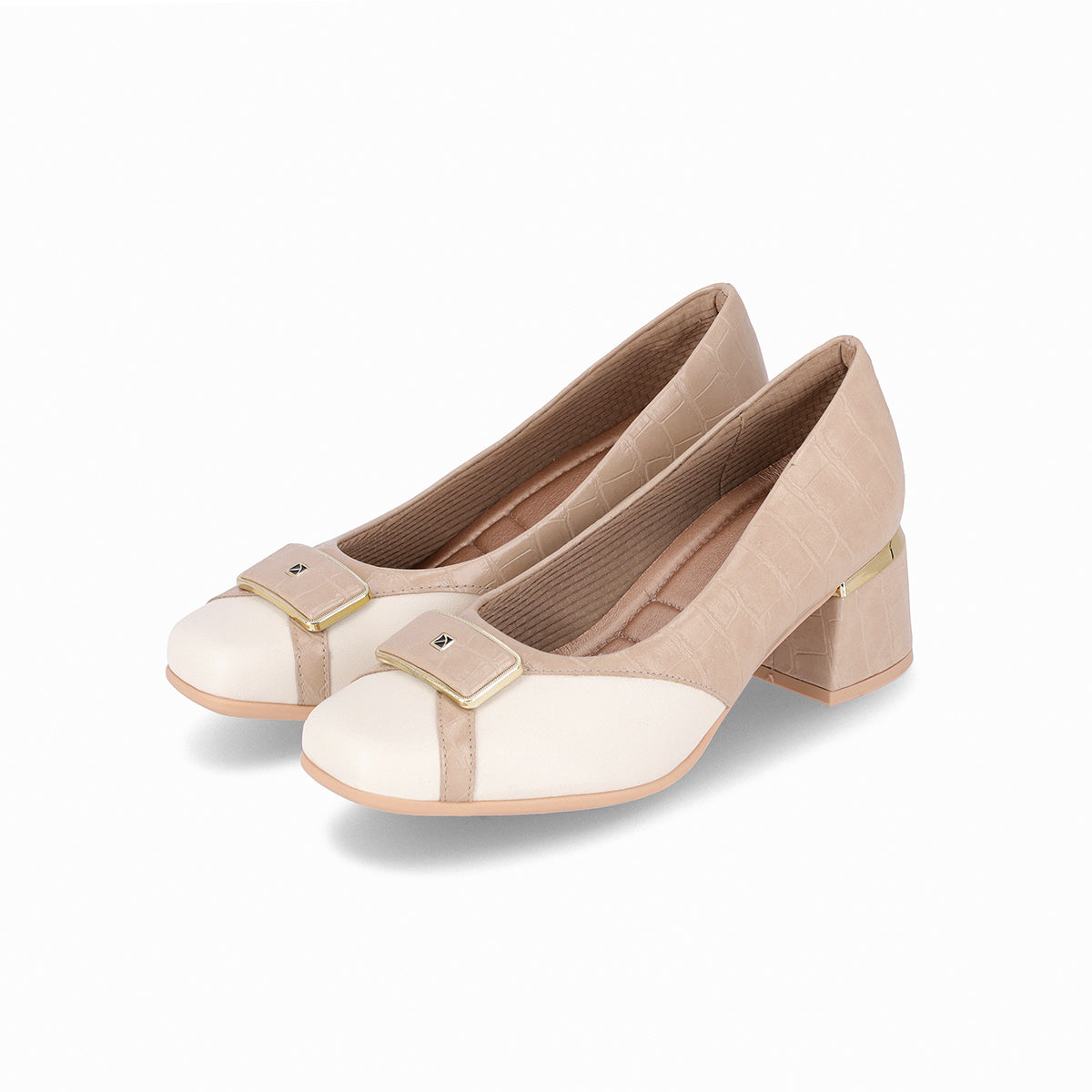 Zapatilla para mujer tacón medio de 5 cm, con hebilla dorada, bitono (bicolor) textura tipo cocodrilo elegantes