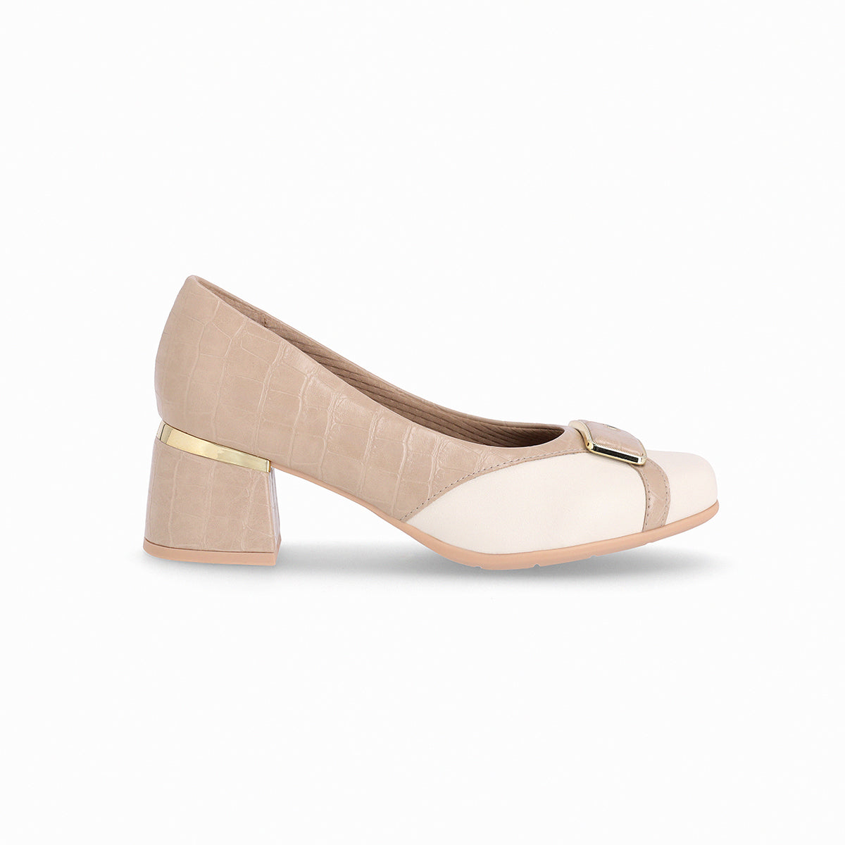 Zapatilla para mujer tacón medio de 5 cm, con hebilla dorada, bitono (bicolor) textura tipo cocodrilo