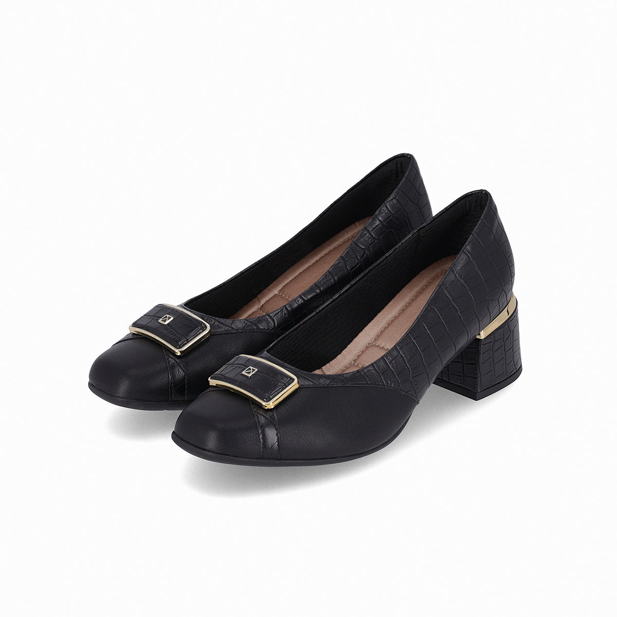 Zapatilla para mujer tacón medio de 5 cm, con hebilla dorada textura tipo cocodrilo color negro elegantes