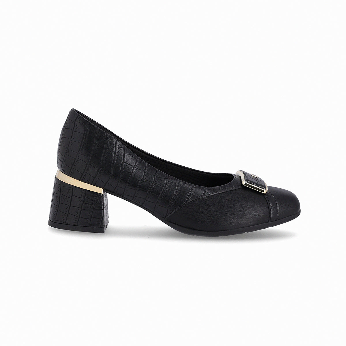Zapatilla para mujer tacón medio de 5 cm, con hebilla dorada textura tipo cocodrilo color negro