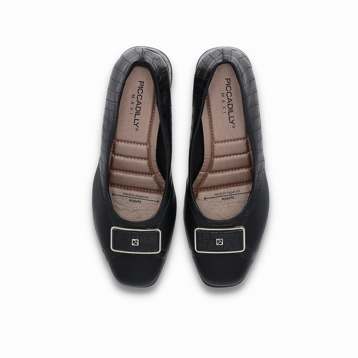 Zapatilla para mujer tacón medio de 5 cm, con hebilla dorada textura tipo cocodrilo color negro plantilla cómoda