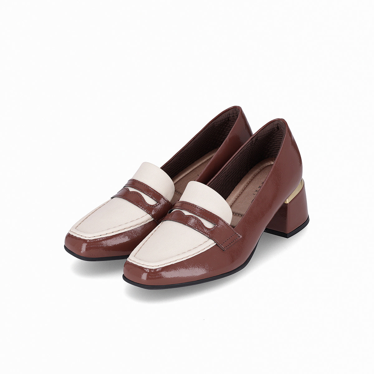 Mocasines bicolor café  y blanco para mujer tacón medio 5 cm diseño clásico