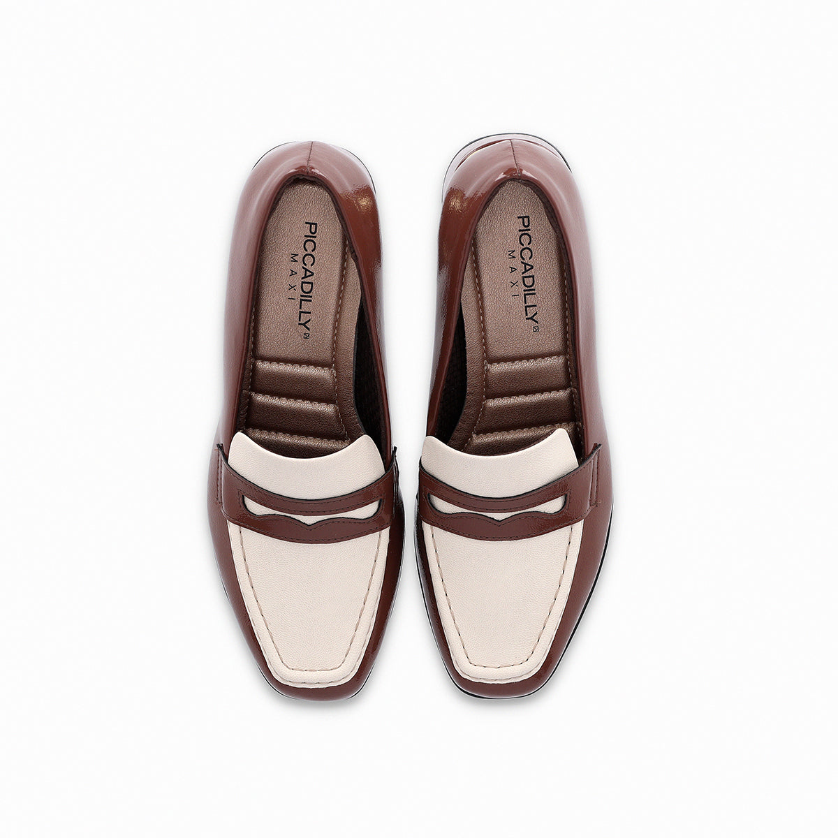 Mocasines bicolor café  y blanco para mujer tacón medio 5 cm diseño clásico plantilla suave