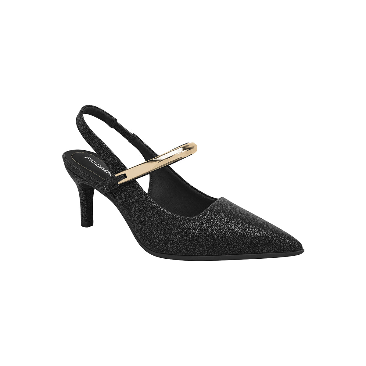 Zapatilla contemporanea semi abierta con tira y aplicación metálica – Silvana