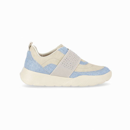 Tenis cerrados color azul y blanco con elástico y brillos para fascitis para mujer