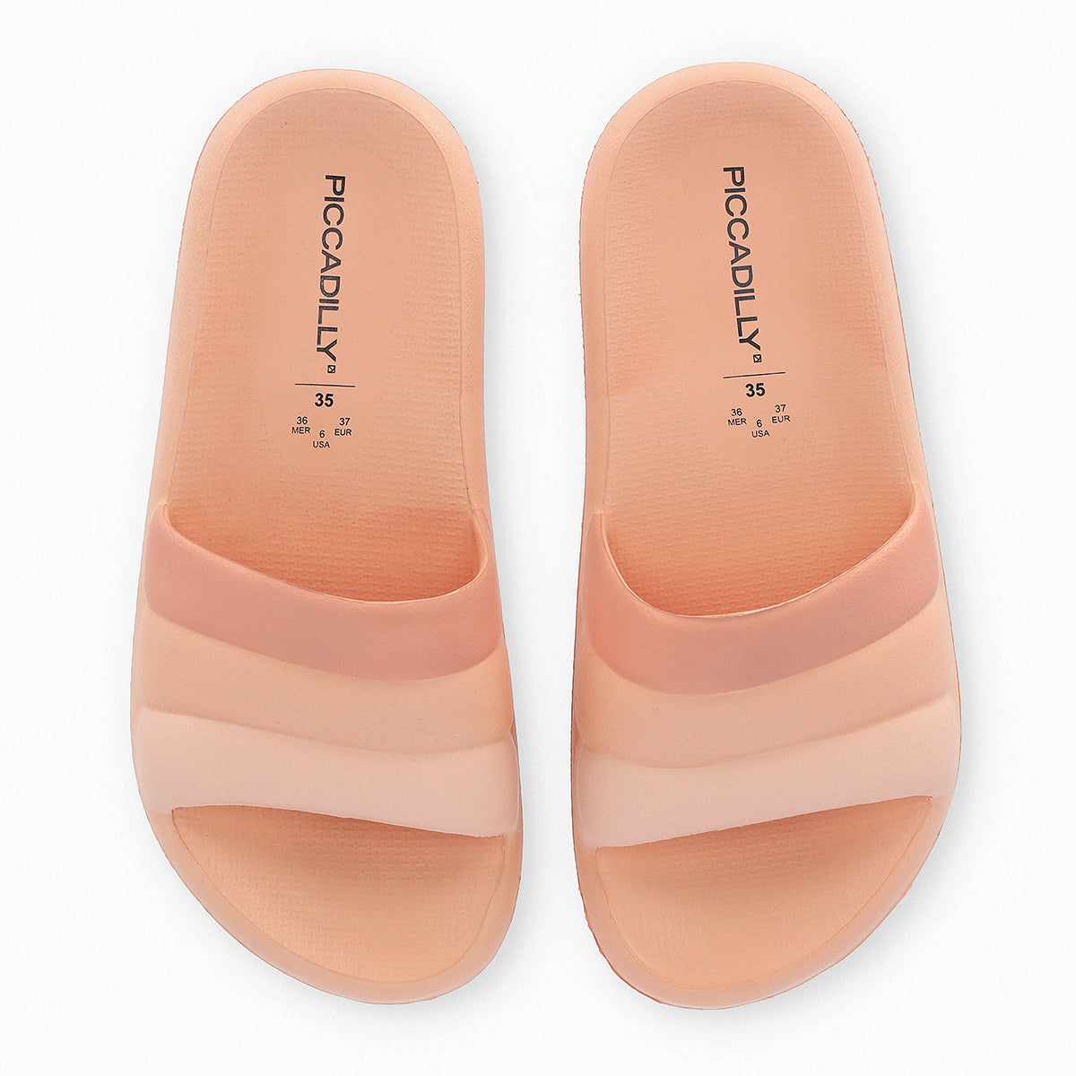 par de sandalias para playa acolchadas color durazno para mujer desde arriba piccadilly