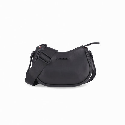 bolsa diseño bandolera de cuero sintético efecto piel forma de media luna estilo moderno crossbody correa ancha color negro vista frontal