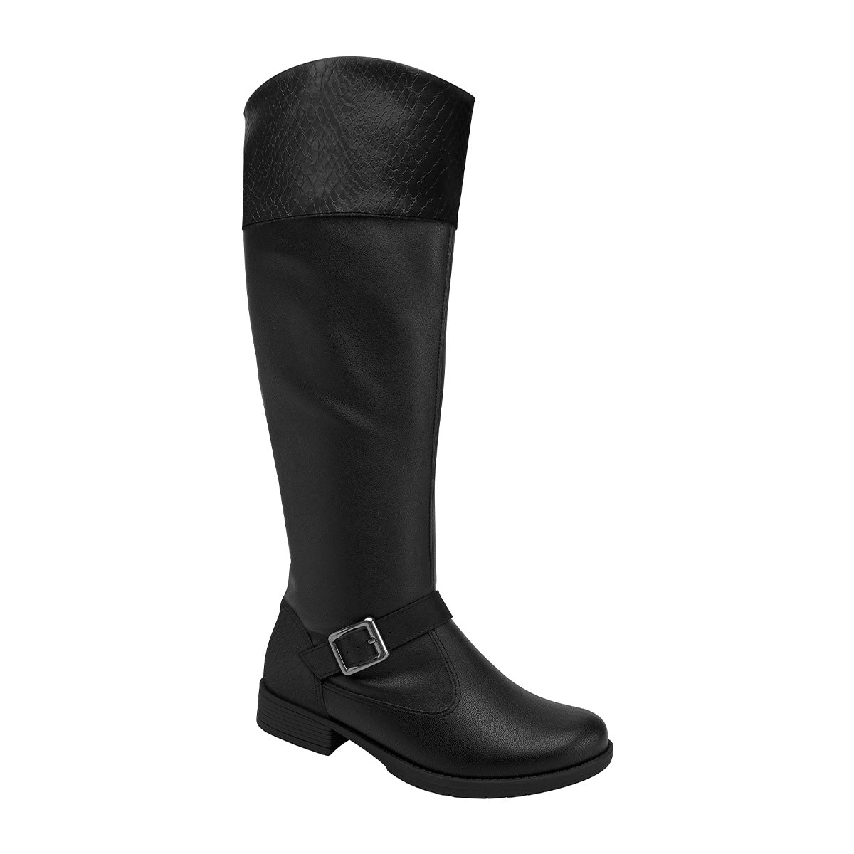 bota leci a la rodilla de tacón bajo doble textura con hebilla para mujer negro