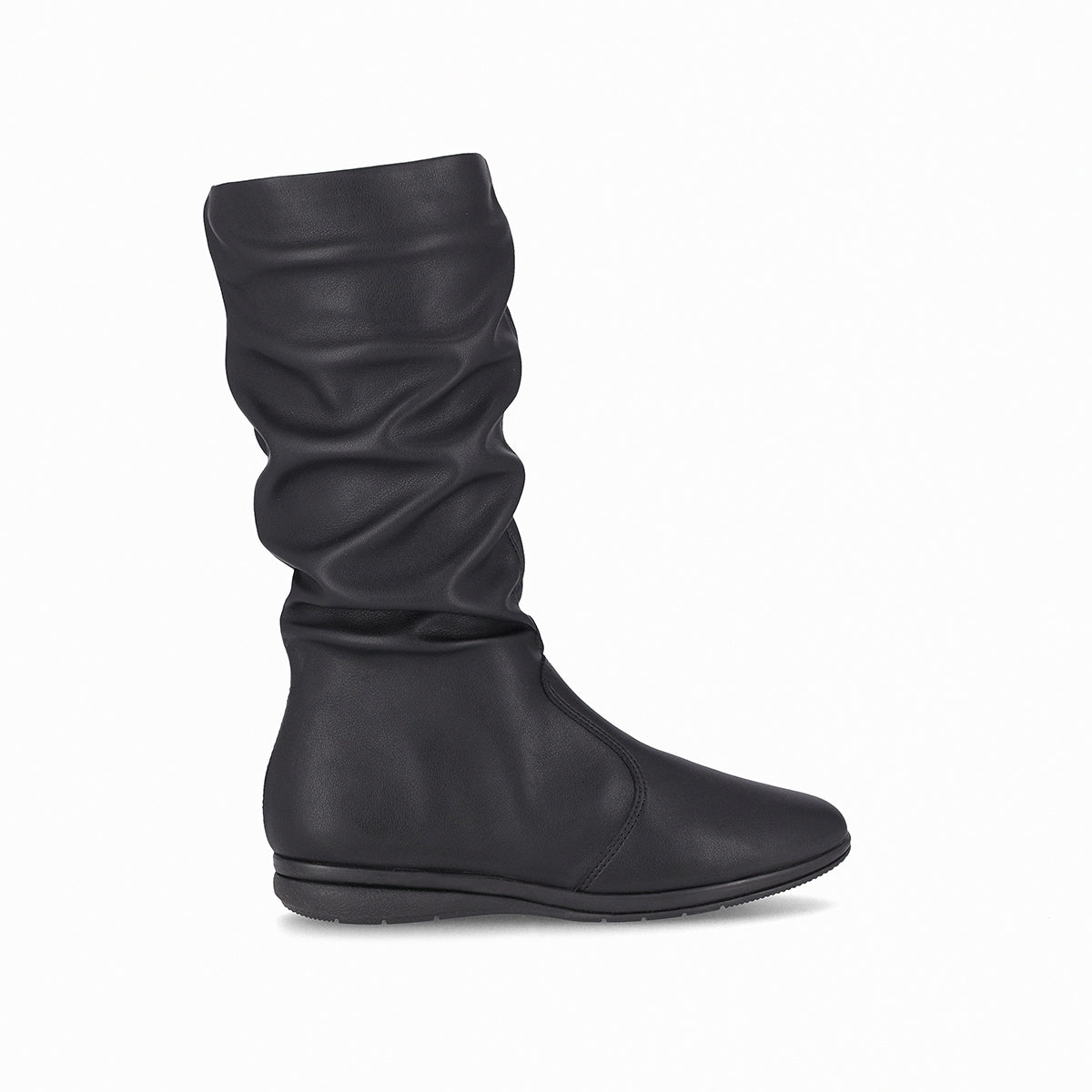 bota sandy debajo de la rodilla de tacón bajo corrido diseño fruncido para mujer negro