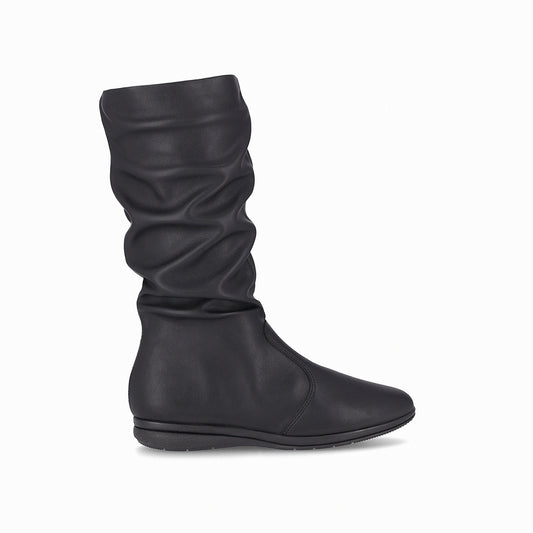 bota sandy debajo de la rodilla de tacón bajo corrido diseño fruncido para mujer negro