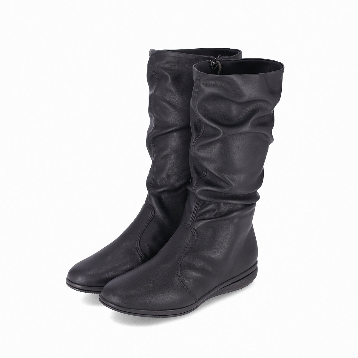 bota sandy debajo de la rodilla de tacón bajo corrido diseño fruncido para mujer negro