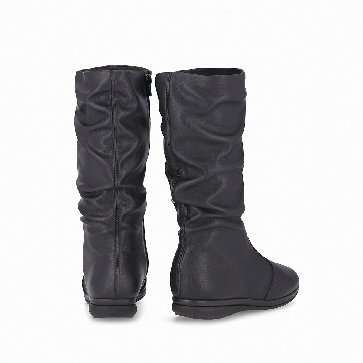 bota sandy debajo de la rodilla de tacón bajo corrido diseño fruncido para mujer negro