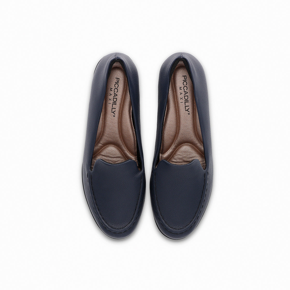 vista desde arriba mocasines para mujer color azul marino suela negra, básico, diseño práctico y cómodo